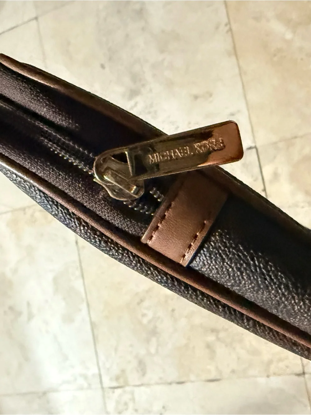 Michael Kors Brown Monogram Laptop Case with Gold Logo